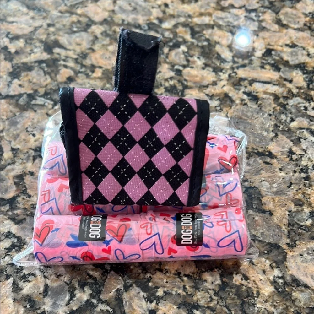 Pink and Black Argyle Dog Waste Bag Holder & 6 Rolls of bags